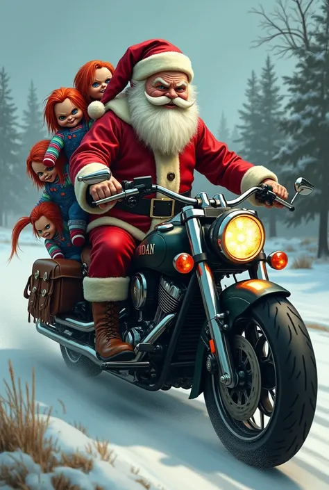 Santa is coming with many Chucky dolls on sis back riding an Indian motorcycle. The winds blows his hat.