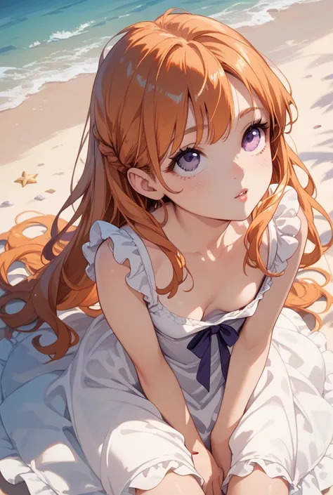 The background is a sandy beach　 orange hair　 long hair　 purple eyes　 white dress　looking up 笑顔　downblouse　 small breasts