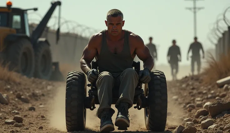 Darius Kane, a strong-willed veteran with short, graying hair and piercing eyes, carefully maneuvers his reinforced wheelchair through rocky terrain. Shadows from nearby machinery and barbed-wire fencing loom around him. His muscular arms grip the wheels, ...