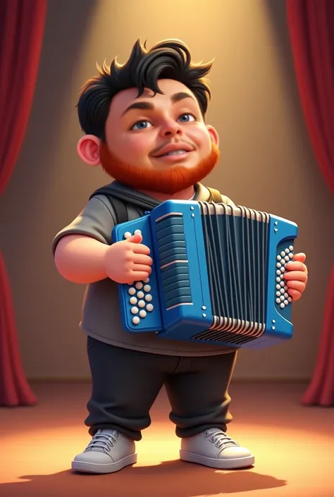  Pixar-style image of a plump boy with black hair ,  short hair, a red beard , a gray shirt,  black pants ,  and white tennis sneakers with a blue Pedraza accordion as an instrument on stage 
