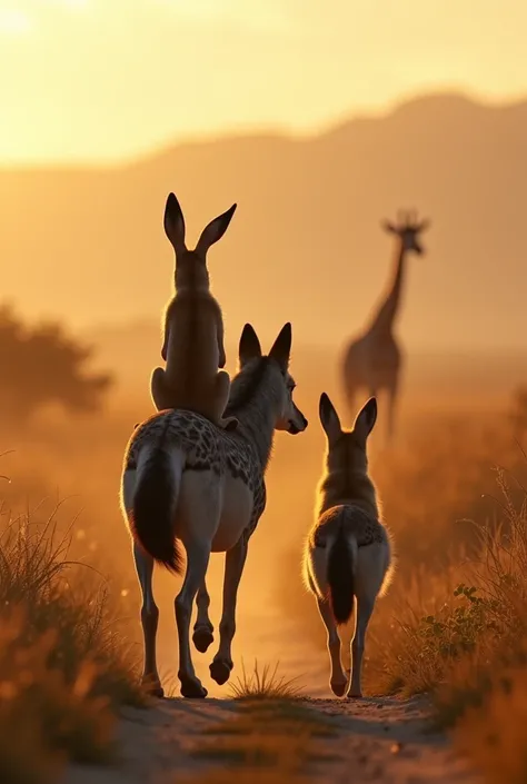 A hare and a bow sitting on a wolf , they are chasing a giraffe together ,  The camera shows a view back of a wolf and a hare ,  and in the distance the giraffe runs away as realistically as possible. 8 k. HD