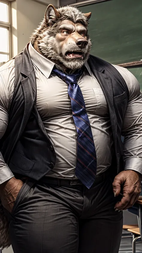 Old wolf, , all Daddy , sweating, semen, realistic,  (business jacket,white shirt,tie,) (classroom,) teacher, teaching, black boad back ground,big bluge, detailed eyes, sweat, shocked, calzoncillo in white, claws in five, muscular and fat, Very large chest...