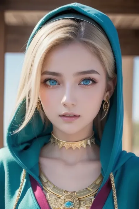 (masterpiece,  top quality ),   complicated details,,  One girl ,     mouth,  multi-colored hair ,  blue eyes, Shark hair accessory,  Gold Hair Ornament , gold choker,  gold jewelry ,  Sharp teeth, Green, blue hoodie,,  Greek clothing, Peplos,