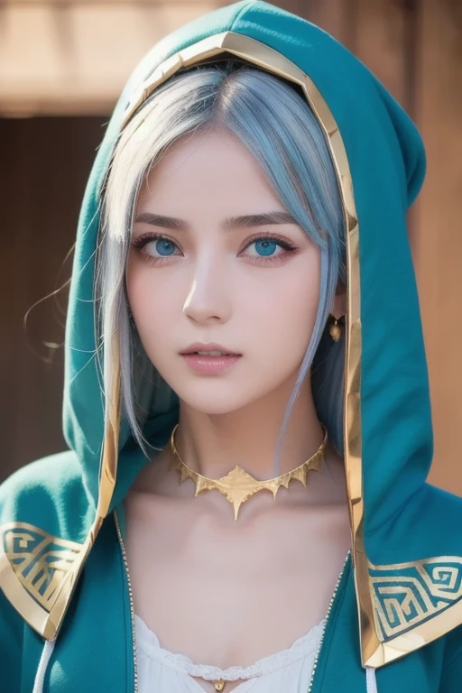 (masterpiece,  top quality ),   complicated details,,  One girl ,     mouth,  multi-colored hair ,  blue eyes, Shark hair accessory,  Gold Hair Ornament , gold choker,  gold jewelry ,  Sharp teeth, Green, blue hoodie,,  Greek clothing, Peplos,