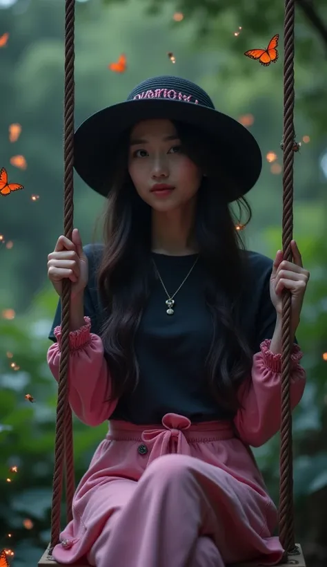  A shot of a ful beautiful woman of Asian race , wears long sleeve t-shirt black and pink gradation suit  , wears a bas ball hat inscribed  "diamond", wearing elaborate sneaker ,sitting on the swing  ,   long hair fluttering  , a mystical garden background...