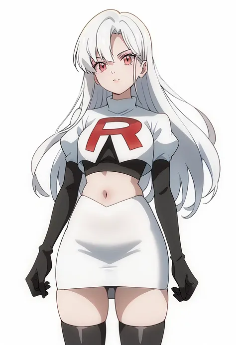 score_9_up,score_8_up,score_7_up,DL_MS,1girl,solo,white hair,looking at viewer,long hair,pink eyes,cowboy_shot,white_background,simple_background,team rocket,team rocket uniform,white skirt,red letter R,crop top,black thigh-highs,black elbow gloves