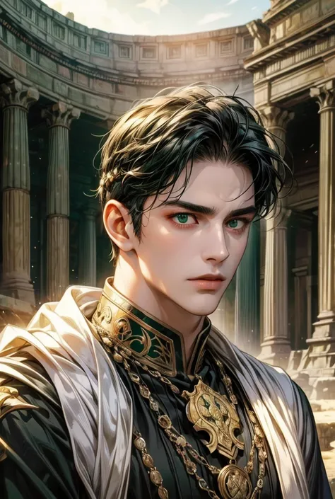 Single,  high resolution ,  Green eyes,  black hair,  split body lens,  Ancient Rome background  、  Son of Venus 、gentle、man、Handsome、25 years old、accurate、 紫色Ancient Roman noble costume 、Ancient Roman headdress 、 Ancient Roman architecture  