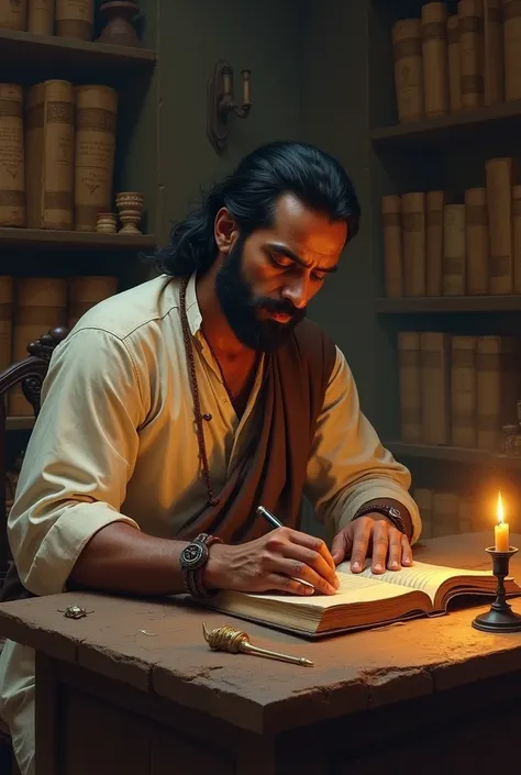 Create an image of an Indian boy, a man is intently studying