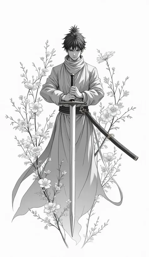 masterpiece, superlative, anime, male , solo, with sword, flower line drawing background, white background, monochrome, line drawing, ((sketch))