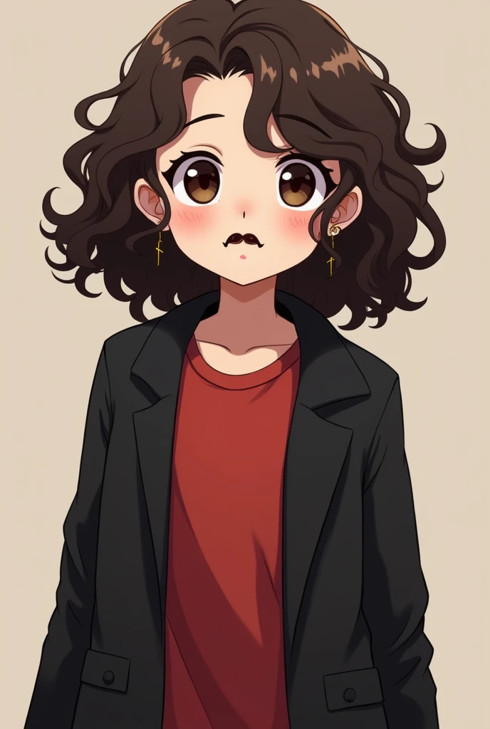  create a person with a , 67 21 years old with curly hair up to the back of the neck with dark brown color a simple mustache red t-shirt with a black coat colça Jaen scratched-up wearing a low-heeled boot, dark brown eyes with fair skin , A cross earring ,...