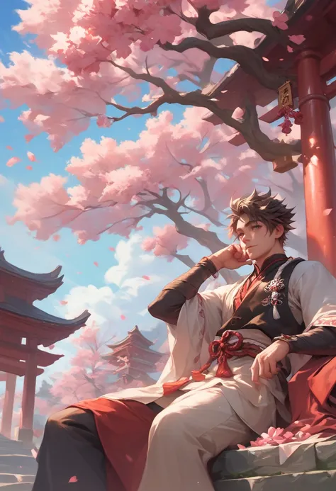 A man is holding Senko and sitting under a cherry blossom tree， There is a small shrine next to the cherry blossom tree，Cherry blossoms falling in background