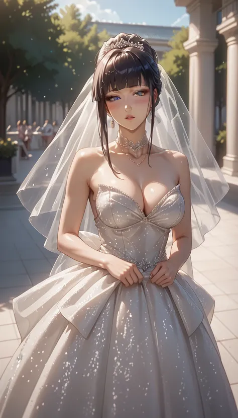 Milf, motherly, Fitgirl, Score_8_up, Score_7_up,  break, Best Quality, Beautiful Skin, blue eyes ,  Staring at the viewer, sensual pose in the city park in the morning, blush,  senjumaru shutara, glitter wedding dress, small cleavage , 