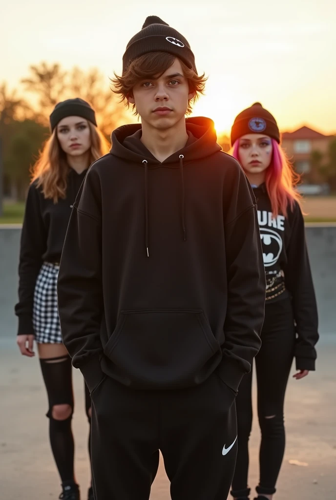 (((A  Middle Eastern teenage male))), (((short, slightly messy hair))), wearing a plain black hoodie, (((Nike Tech Fleece pants))), and a snug Batman toque with a subtle logo. He is standing with (((two emo skater girls))). The first girl has pale skin, he...