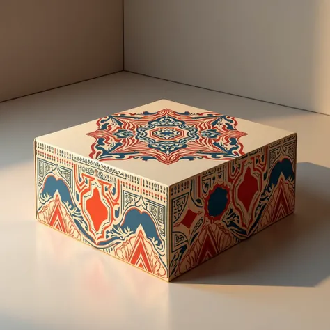 Cake box packaging combining Middle Eastern Arabic style and Memphis style，The real environment ，Professional Photography