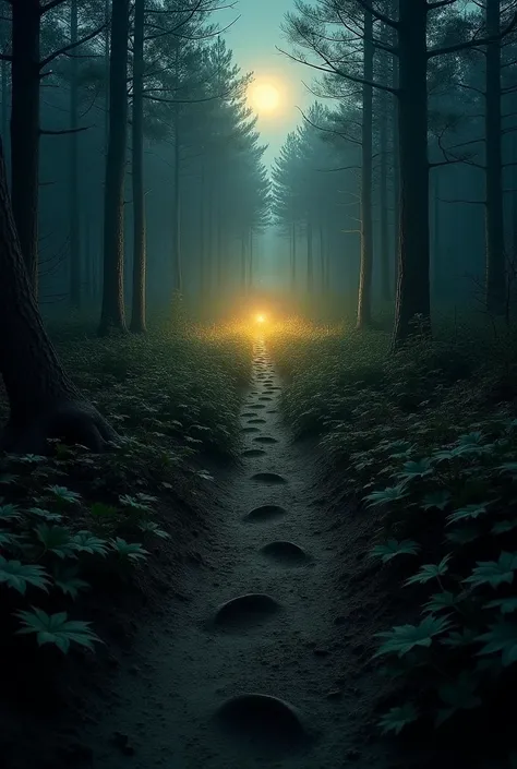  A dark view of the forest ,  with footprints deep in the ground that lead to a clearing . In the center of the clearing,  there is a golden glow that seems to come from something mysterious hidden in the vegetation. The moon illuminates the scene slightly...