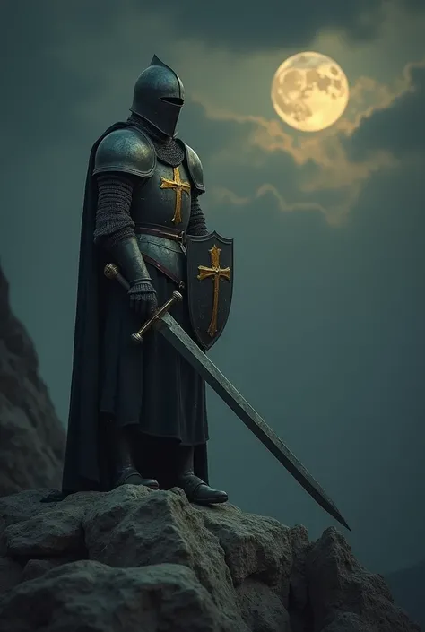 A medieval knight standing atop jagged, rocky terrain under a smaller, glowing full moon. The knight wears aged, black armor with golden accents, featuring a weathered cross on the chest plate and shield. The armor and shield should have a raw, textured ap...