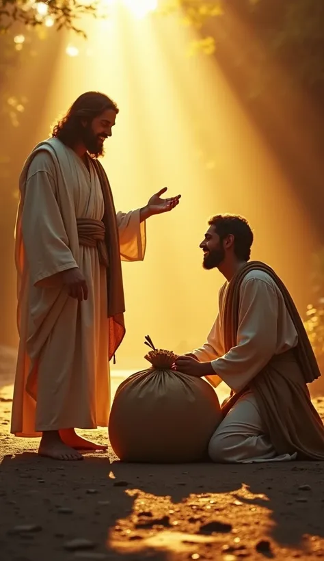 A hyper-realistic scene of a person kneeling on the ground with a large, heavy sack beside them, symbolizing struggles and worries. Jesus stands next to the person, easily holding the sack while looking at them with an encouraging smile. The golden light r...