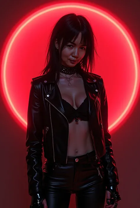 dark theme, cyber goth gal with neon details, sinozick style, Shaped circular red fluorescent luminous special effects background, illumination magic department, gravure pose, high contrast, anime coloring, greyscale with red colored background, leather ja...