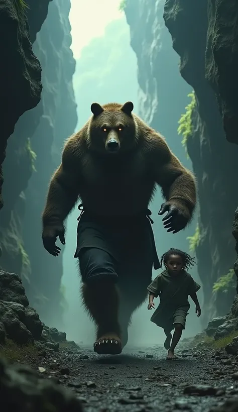 In a gloomy gorge, illuminated only by scattered rays of light piercing the mist, a muscular giant with the head of a grizzly bear runs away from danger, and at the same time carefully leading in front of him a little black girl of , barefoot, also running...