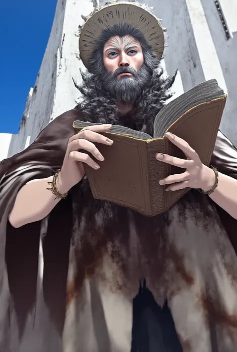  A man, high, rasputin,  black hair, Lean body, beard and long hair,  Blue Eyes, Big clothing and black dress,  holding a book ,  anime style 