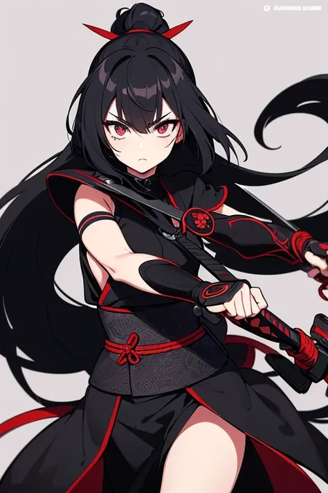 " Create an illustration of a futuristic ninja with black hair .,  wearing a detailed and modernized ninja costume equipped with traditional weapons and techniques.  She has long black hair tied with a red ribbon and a symbol .  She must wear an advanced b...