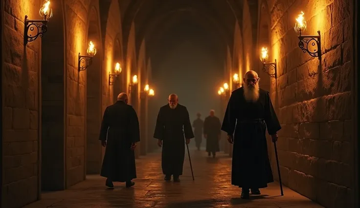 Padre Pio, 65 years old,  walks through the corridors of a monastery illuminated by torches attached to the stone walls .  His thin-haired head shines with the yellowish light of the flames , and his white beard reflects the heat of the torches .  His step...