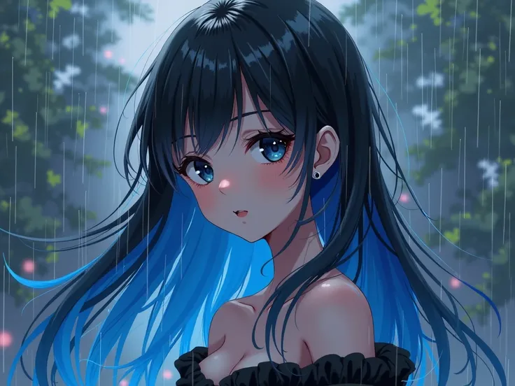 anime,drizzle,20 years,long black hair with blue wigs,black eyes, black and white clothes 