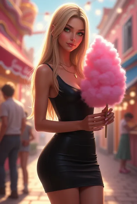   of  Brazilian green eyes , straight blond hair , shaped body wearing short black dress ,Looking at the captivating camera ,masterpiece image,beautiful thighs ,Shes in Disney  , holding cotton candy  