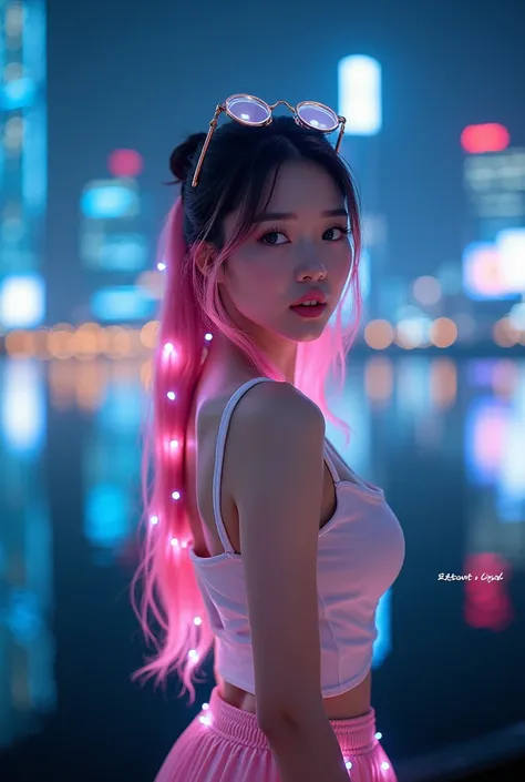 (Qingxu  _   Photograph of a beautiful Asian woman Scene on the Han River in Seoul, South Korea, At night F .11), Beautiful Japanese Woman,  Pink hair with white lights  , magical girl,   Blue Eyes , pleated skirt, Wearing glasses on her head   , mini skir...