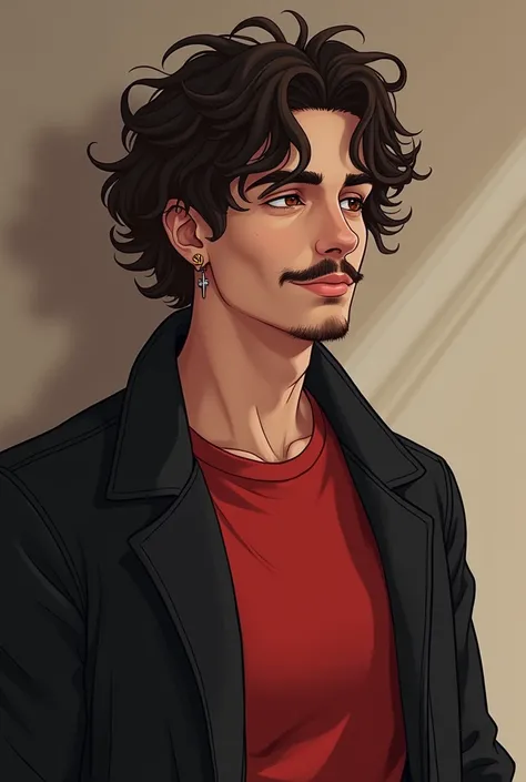 Create a 21 year old guy with curly hair up to the back of his neck with dark brown coloring a simple mustache red t-shirt with a black coat colça Jaen scratchcard wearing a low-heeled boot, dark brown eyes with fair skin , A cross earring , Complain sligh...