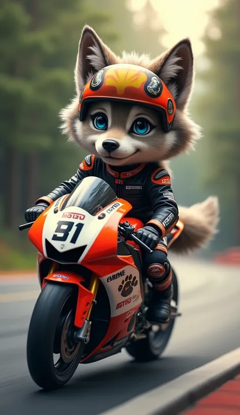  An extremely cute wolf , with thick fur , Soft and shiny,  large and expressive eyes that transmit intelligence and charisma.  The wolf wears a full racing biker suit , Custom-made,  with a leather jacket adjusted to his elegant size ,  stylized helmet th...