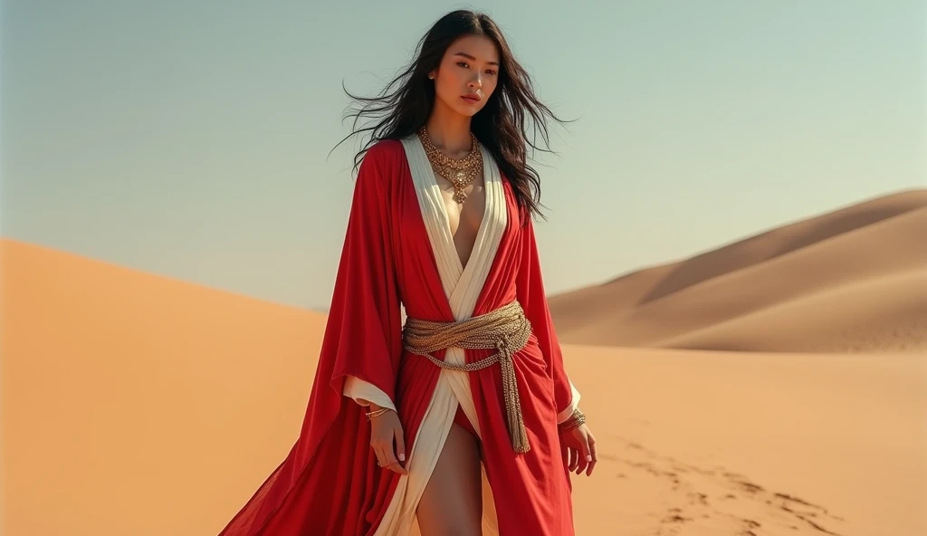 beautiful asian woman, wearing red and white wrapped rag bedouin dress and robes, screenshot from Denis Villeneuves DUNE, gobi desert, screenshot from DUNE, stately, confident, gold jewelry, gold belt chains, cleavage, desert clothing, in sand dunes, deser...