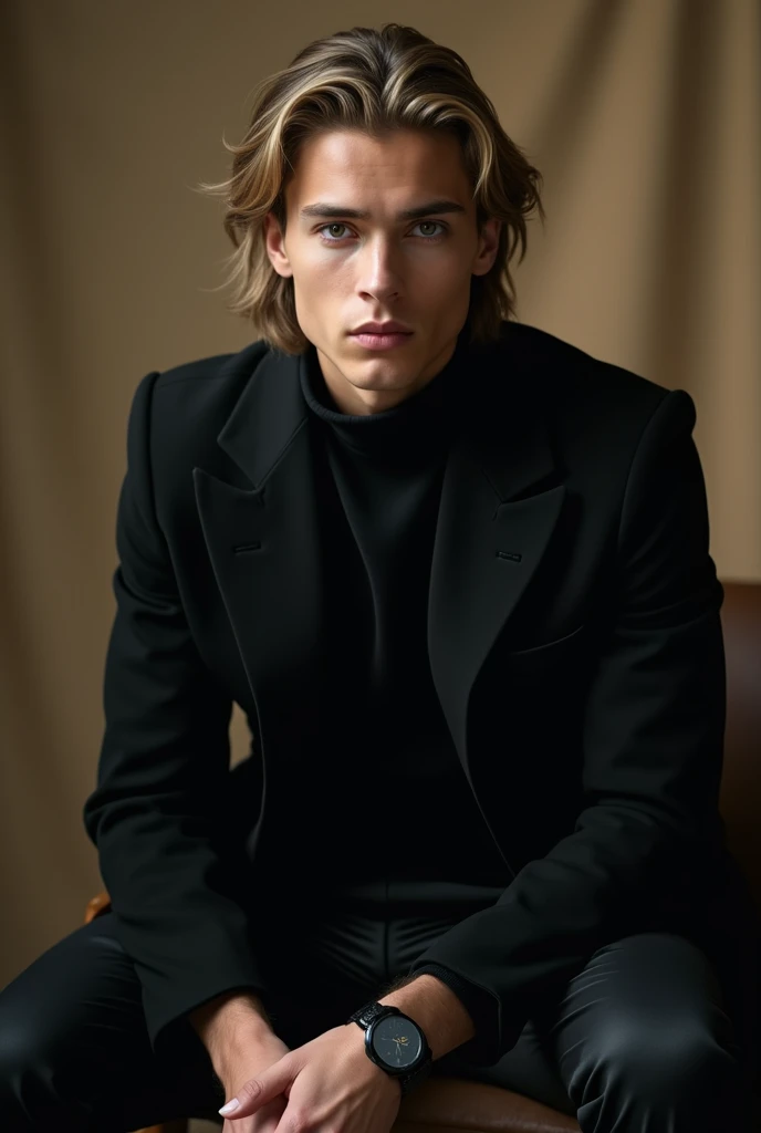 A man, age 18, handsome. Body fit. Black coat on. Light long hair. Sitting on a chair, a cinematic beige-black beige.