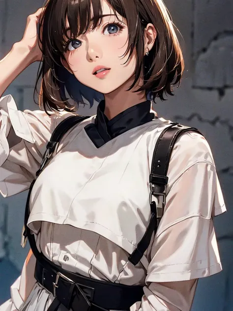 1girl,  small breasts,white tee shirt,black skirt,short hair
face close-up,I can see the side,Hi-Res、masterwork、Satomi ishihara、Brown hair、i&#39;m、Female one、outside of house、Detailed background、A detailed eye、（（brown-eyed））,Beautiful and perfect legs, Cle...