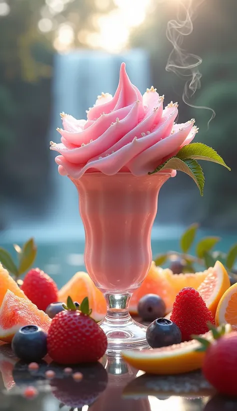   create a delicious ice cream effect, with flowing waterfalls   ，,  cigarette smoke，A delicious ice cream effect shaped like a beautiful peony flower ， Is it possible    ，   A delicious drink wrapped in a fancy plate   , dessert, and fruit   ，Very appetiz...