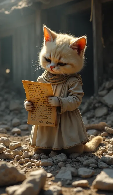 Amid the ruins of their small home, a humanoid cat sifts through ashes, pulling out a singed letter from an old friend. Wearing a dress that barely holds together, they clutch the letter to their chest and sob, knowing they have nowhere left to turn.
