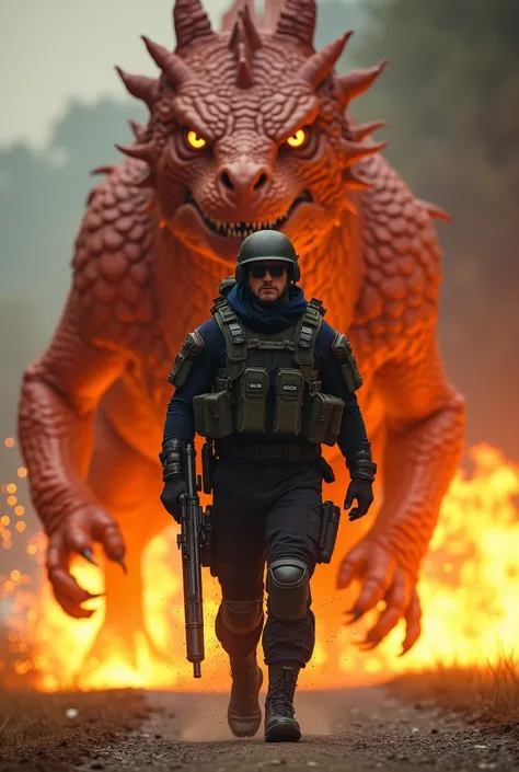 A battle-hardened security guard, equipped with modern combat gear, marched forward steadily with a stern expression, holding his weapon firmly in his hand. Behind him, a huge fire-breathing dragon with glowing eyes marched in unison, its huge claws slammi...