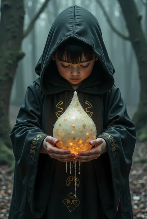 brown skin fat boy with shaved hair , Wearing a black wizard costume and a hood , holding a droplet-shaped chicken salad, magic symbols are in the salty