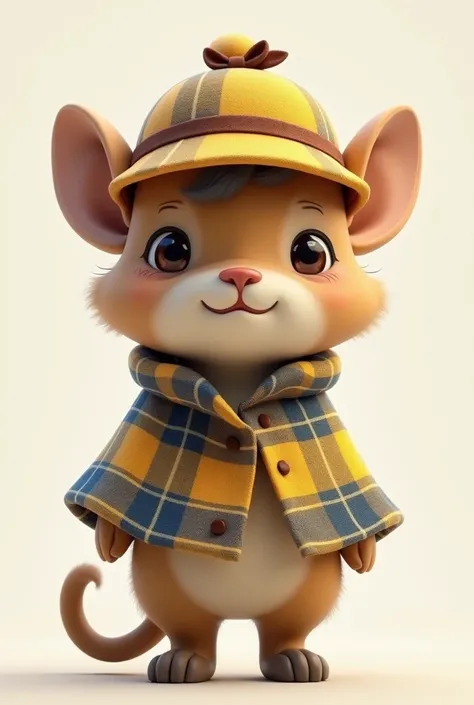  A classic and small detective character ,  with a short plaid cape in shades of yellow , blue and gray,  decorative buttons on the front , and a matching rounded hat,  with a brown ribbon bow on top . It has a thin tail ,  slightly curved upwards ,  that ...