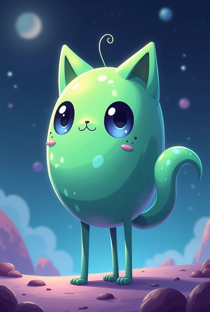 1. *creature*: more or less a dog /Cat/ chubby animal half the shape of an alien ball
2. *Appearance*: floating,  slime and melted
3 . *expression*:  Cute and curious
4 . *Environment*:  Outer Space or Alien Planet
5 . *Style*: Cartoon/Anime
6 . *Cores*:  ...