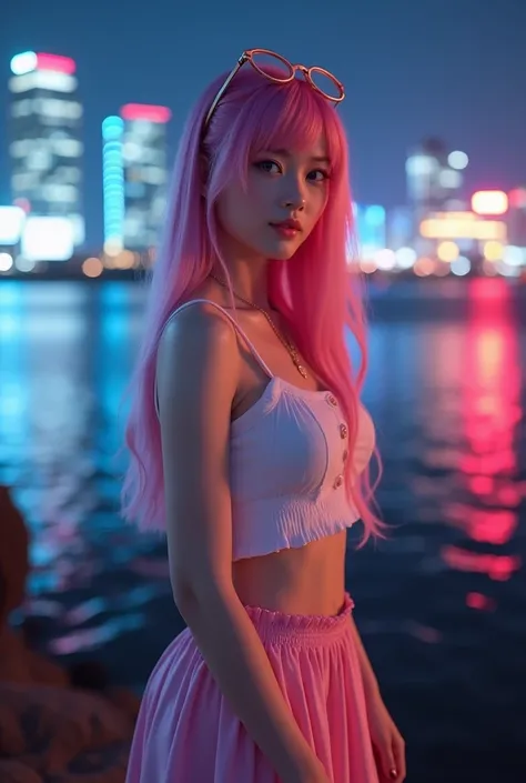 (Qingxu  _   Photograph of a beautiful Asian woman Scene on the Han River in Seoul, South Korea, At night F .11), Beautiful Japanese Woman, Pink hair with  , magical girl,   Blue Eyes , pleated skirt,  Wearing glasses on the head   , mini skirt,   long or ...