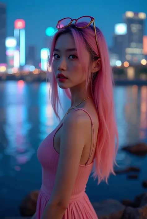 (Qingxu  _   Photograph of a beautiful Asian woman Scene on the Han River in Seoul, South Korea, At night F .11), Beautiful Japanese Woman, Pink hair with  , magical girl,   Blue Eyes , pleated skirt,  Wearing glasses on the head   , mini skirt,   long or ...