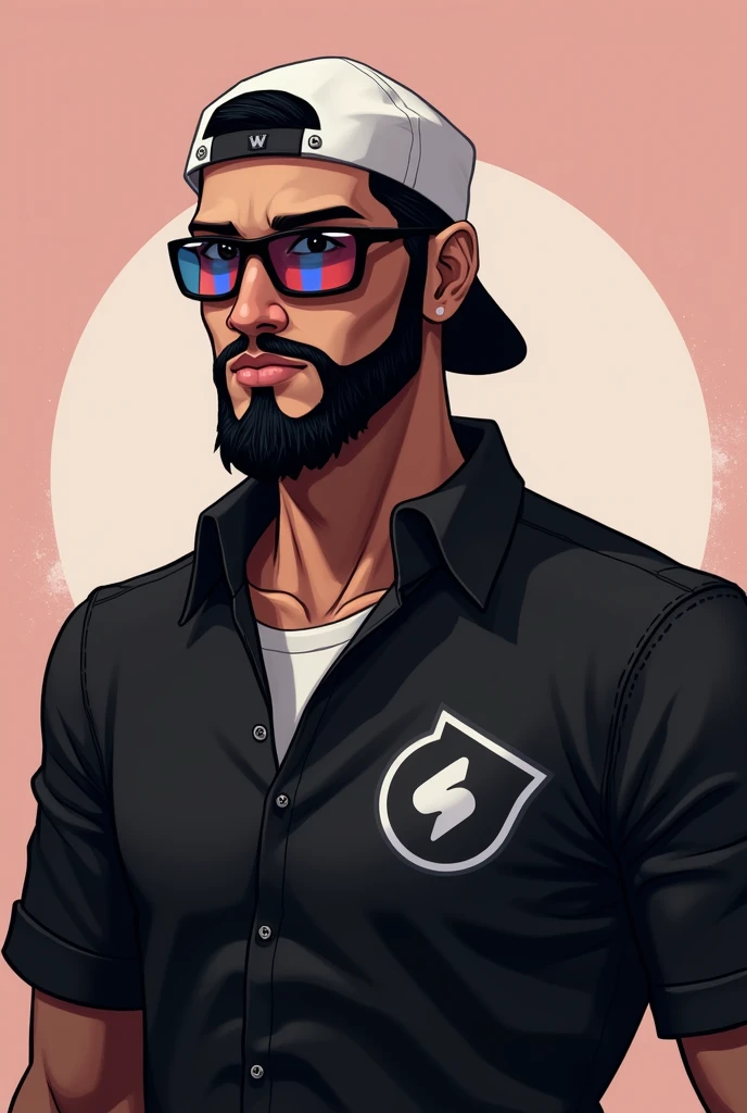 The character has a serious and confident face ,  with well-designed beard , giving a modern look.  He wears futuristic glasses with lenses that reflect vibrant tones ,  complemented by a white cap that adds a casual touch .  The black blouse has a minimal...