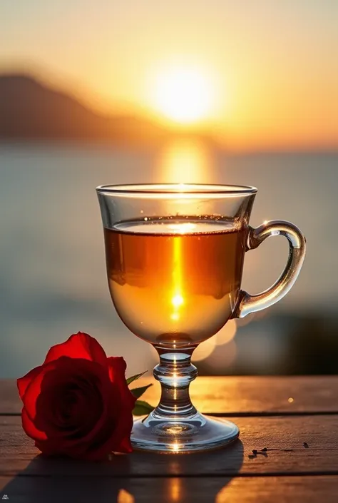 The sun in a crystal cup by the sea, against the background of the mountains, a regular classic shaped glass, open from above, below, next to the glass, it&#39;s a red rose, high quality realistic photograph