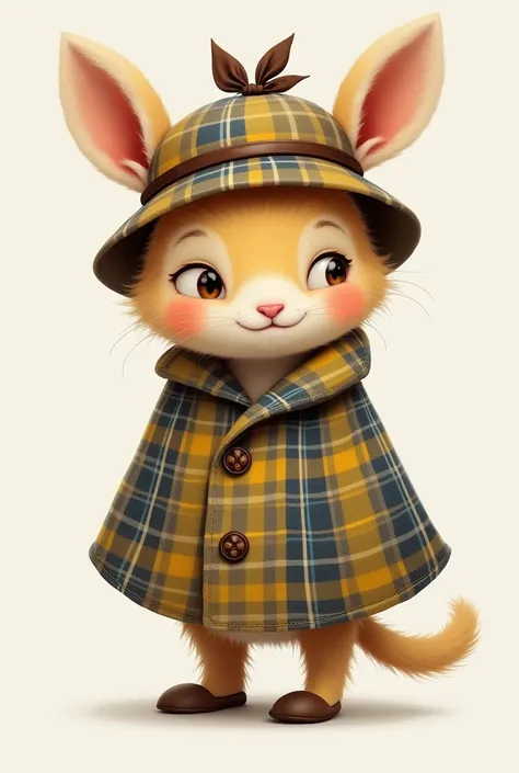 A small human character and classic detective ,  with a short plaid cape in shades of yellow , blue and gray,  decorative buttons on the front , and a matching rounded hat,  with a brown ribbon bow on top . It has a thin tail ,  slightly curved upwards ,  ...