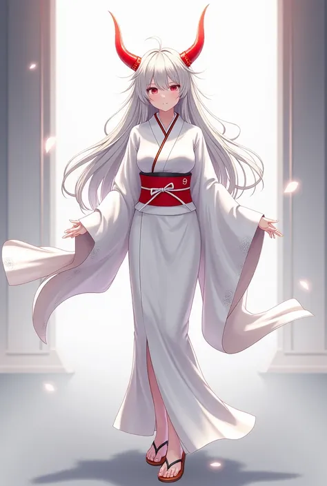 Acheron from honkai star rail, wears a traditional white kimono with a red obi around her waist and traditional okobo sandals. In her silver hair mode and red horns 