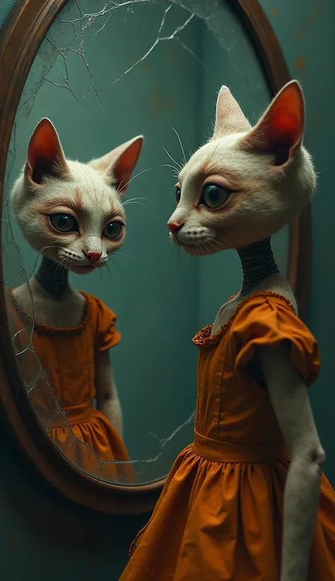 A humanoid cat stares at their reflection in a cracked mirror, tracing the scars on their face. Their dress, once vibrant, hangs in dull tatters. They lower their gaze, crying silently, haunted by the life they once dreamed of but could never have.