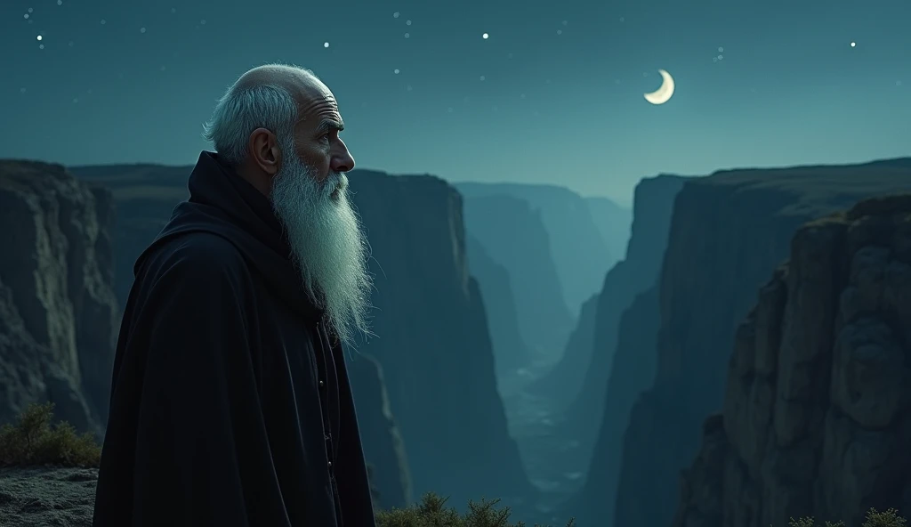 Padre Pio, 65 years old,  stands on the edge of a deep gorge ,  where the night wind blows hard .  His almost hairless head reflects the pale light of the stars ,  and his white beard floats slightly in the breeze . He observes the void below ,  as if find...