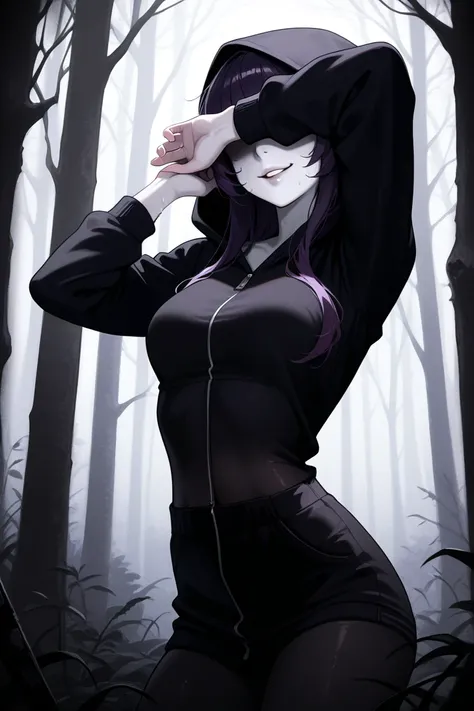 solo, female, dark purple hair, thin waist, curvaceous, extremely pale, sinister, horror atmosphere, very dark, forest, ((undead)), abyssal, close up, standing,seductive smile, medium breasts, pinup pose, black hoodie, black sweat panie, bangs, bangs cover...