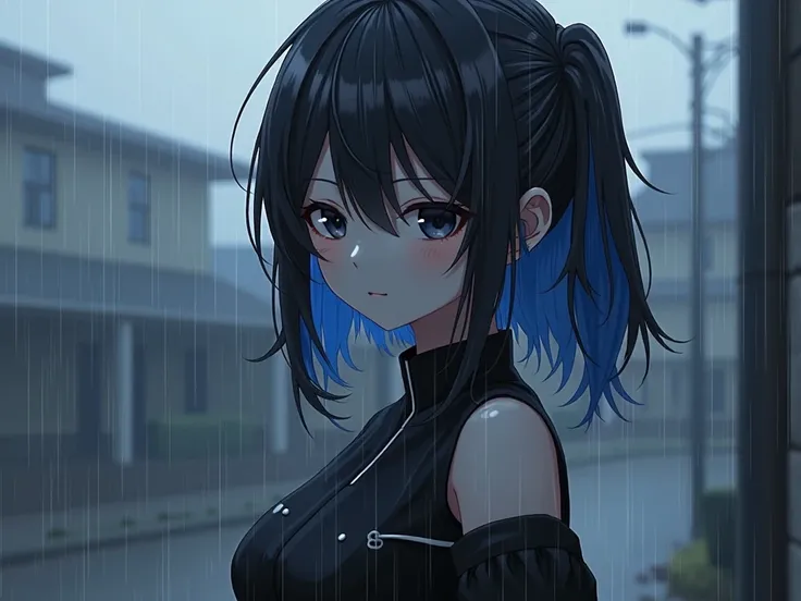 anime,drizzle,20 years,long black hair with blue wigs,black eyes, black and white clothes ,The cutest and sexiest closed facial expression